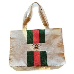 TIANA Hand Beaded Bumble Bee and Green Red Stripe Burlap Tote Bag NEW